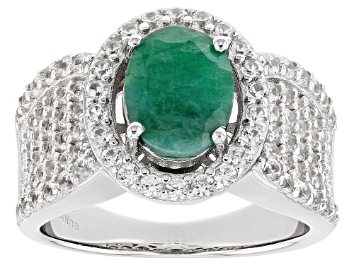 Pre-Owned 1.90ct Oval Emerald With 1.35ctw Round White Zircon Rhodium Over Sterling Silver Ring - Size 8