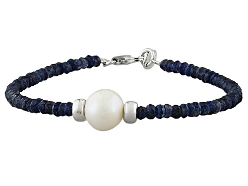 Photo of Pre-Owned 9-10.5mm White Cultured Freshwater Pearl With Faceted Apatite Rhodium Plated Silver Bracel - Size 7.5