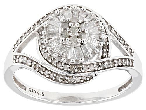 Pre-Owned 0.55ctw Baguette And Round White Diamond Platinum Over Sterling Silver Halo Ring - Size 5
