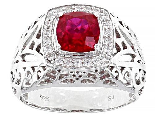 Pre-Owned 1.48ct Cushion Lab Created Red Ruby With 1.21ctw White Zircon Rhodium Over Silver Men's Ri - Size 11