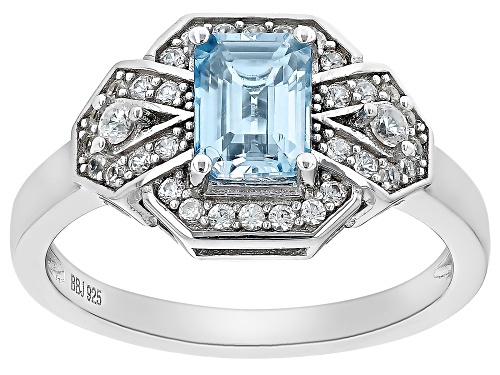 Photo of Pre-Owned 1.36ct Emerald Cut Blue Zircon With 0.43ctw White Zircon Rhodium Over Sterling Silver Ring - Size 9