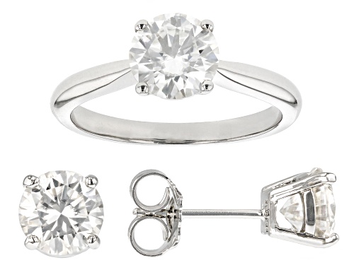 Pre-Owned MOISSANITE(R) 3.60CTW DEW ROUND PLATINEVE(R) RING & STUD EARRINGS SET