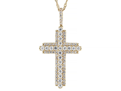 Photo of Pre-Owned 2.94ctw Round White Zircon 18K Yellow Gold Over Sterling Silver Cross Pendant With Chain