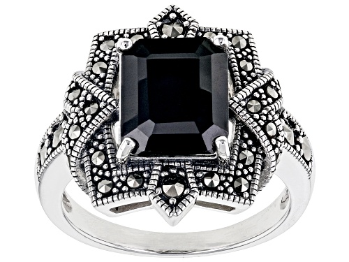 Pre-Owned 3.23ct Rectangular Octagonal Black Spinel With Round Marcasite Sterling Silver Ring - Size 7