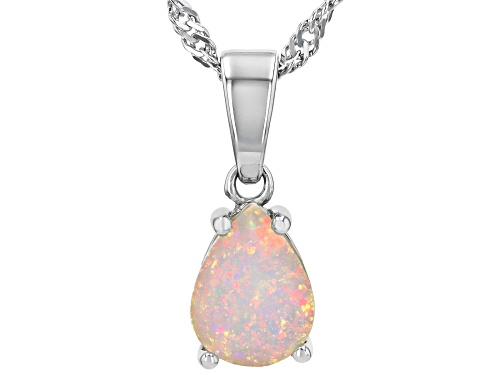 Pre-Owned 0.78ct Pear Ethiopian Opal Rhodium Over Sterling Silver October Birthstone Pendant With Ch
