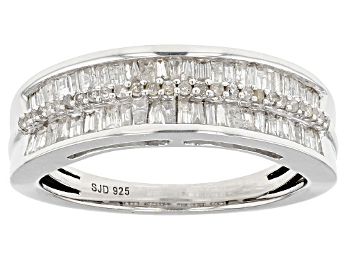 Pre-Owned 0.60ctw Baguette And Round White Diamond Rhodium Over Sterling Silver Band Ring - Size 5