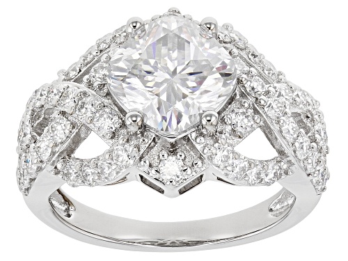 Pre-Owned MOISSANITE FIRE(R) 3.84CTW DEW SQUARE CUSHION CUT AND ROUND PLATINEVE(R) CROSSOVER RING - Size 6