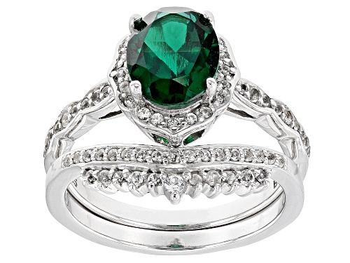Pre-Owned 1.40ct Oval Lab Created Emerald With 0.44ctw Lab Created White Sapphire Rhodium Over Silve - Size 8