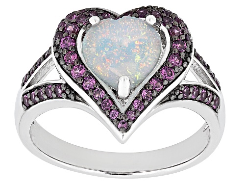 Pre-Owned 0.81ct Heart Shape Ethiopian Opal With 0.55ctw Rhodolite Rhodium Over Sterling Silver Hear - Size 6