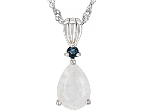 Pre-Owned 10x7mm Rainbow Moonstone with 0.06ctw London Blue Topaz Rhodium Over Silver Pendant with C