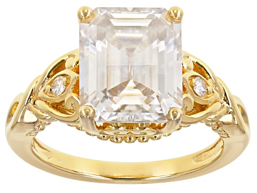 Photo of Pre-Owned MOISSANITE FIRE(R) 4.99CTW DEW EMERALD CUT AND ROUND 14K YELLOW GOLD OVER SILVER RING - Size 10