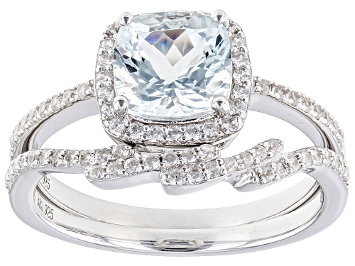 Pre-Owned 1.15ct Cushion Aquamarine With 0.38ctw White Zircon Rhodium Over Sterling Silver Ring Set - Size 9