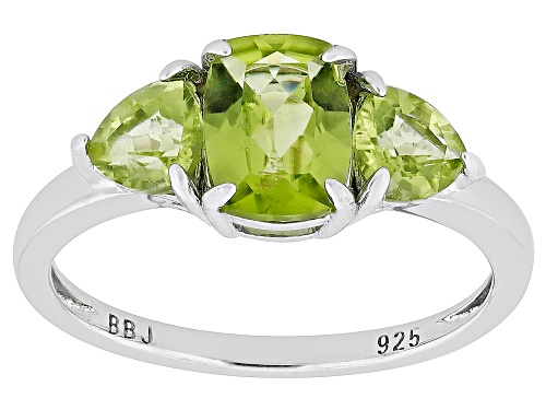 Pre-Owned 1.27ct Cushion And 0.80ct Trillion Manchurian Peridot™ Rhodium Over Sterling Silver 3-Ston - Size 10