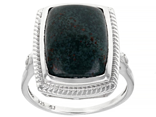Pre-Owned 18x13mm Rectangular Cabochon Bloodstone Rhodium Over Sterling Silver Men's Ring - Size 10