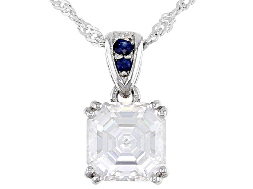 Pre-Owned MOISSANITE FIRE(R) 2.96CT DEW ASSCHER CUT AND BLUE SAPPHIRE PLATINEVE(R) PENDANT AND SINGA
