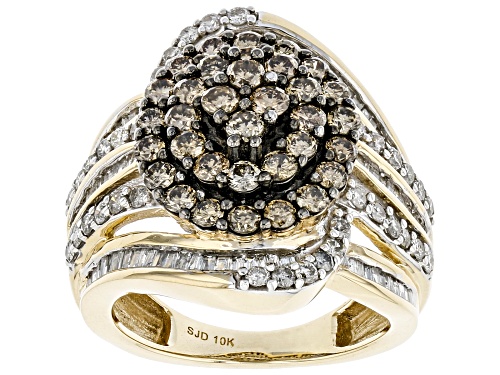 Photo of Pre-Owned 2.00ctw Round Champagne, Round White, & Baguette White Diamond 10k Yellow Gold Cluster Coc - Size 7