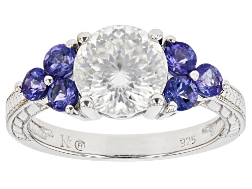Pre-Owned MOISSANITE FIRE(R) 2.10CT DEW ROUND PORTUGUESE CUT & ROUND TANZANITE PLATINEVE(R) RING - Size 6