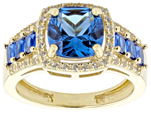 Pre-Owned 2.42ctw Lab Blue Spinel With 0.17ctw Lab White Sapphire 18k Yellow Gold Over Sterling Silv - Size 6