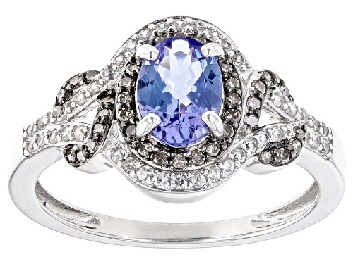 Pre-Owned 0.81ct Tanzanite, 0.17ctw Champagne Diamond And 0.16ctw White Zircon Rhodium Over Silver R - Size 6
