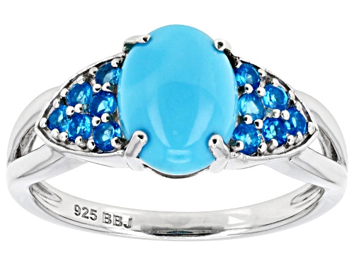Pre-Owned 9x7mm Oval Sleeping Beauty Turquoise With 0.31ctw Neon Apatite Rhodium Over Sterling Silve - Size 7