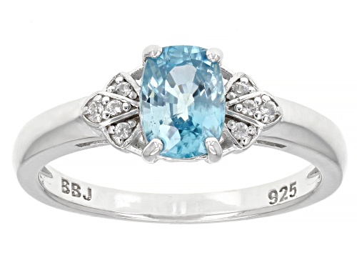 Pre-Owned 1.11ct Cushion Blue Zircon With 0.06ctw White Zircon Rhodium Over Sterling Silver Ring - Size 9