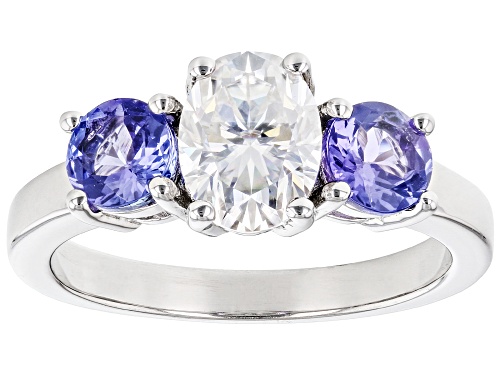 Pre-Owned MOISSANITE FIRE(R) 1.50CT DEW OVAL & ROUND TANZANITE PLATINEVE(R) RING - Size 7