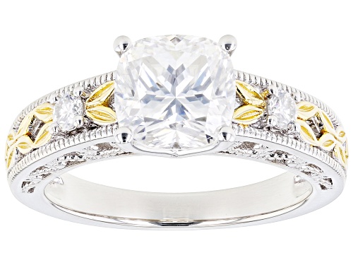 Pre-Owned MOISSANITE FIRE(R) 2.12CTW DEW CUSHION CUT PLATINEVE(R) & 14K YELLOW GOLD OVER SILVER RING - Size 7