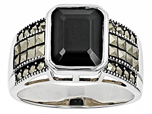 Pre-Owned 4.10ct Rectangular Octagonal Black Spinel With Round Marcasite Sterling Silver Ring - Size 6