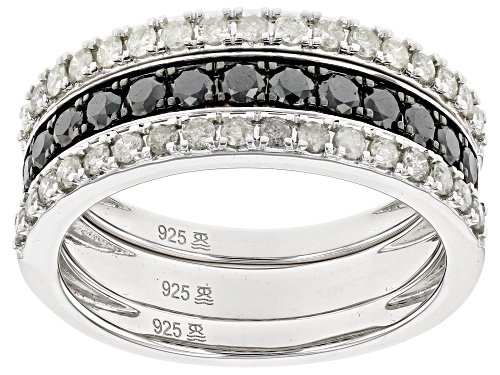 Pre-Owned 1.00ctw Round Black And White Diamond Rhodium Over Sterling Silver Set of 3 Band Rings - Size 6