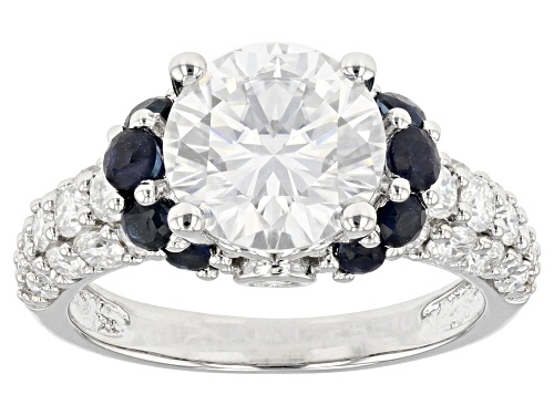 Pre-Owned MOISSANITE FIRE(R) 3.88CT DEW ROUND & BLUE SAPPHIRE PLATINEVE(R) RING - Size 8