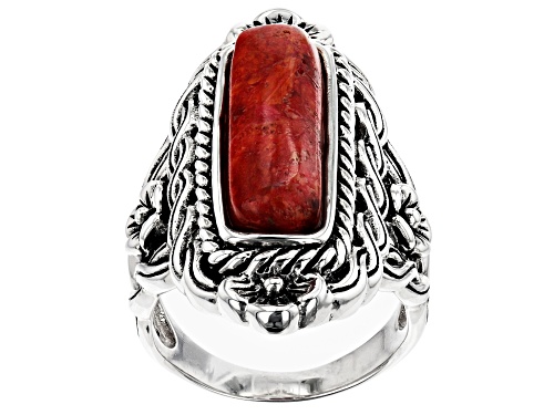 Pre-Owned Red Coral Sterling Silver Ring - Size 9