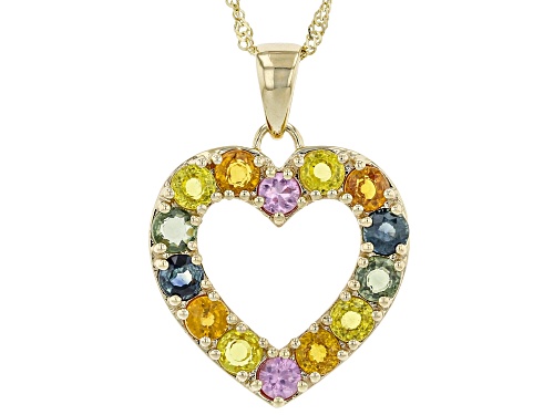 Pre-Owned 1.78ctw Round Multi Color Sapphire 10k Yellow Gold Heart Pendant With Chain