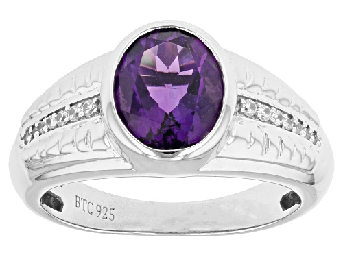 Pre-Owned 2.07ct Oval African Amethyst With .07ctw White Zircon Rhodium Over Sterling Silver Men's R - Size 11