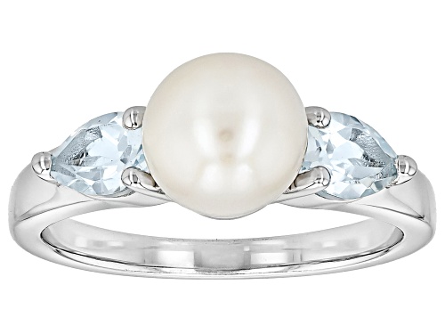 Pre-Owned 7mm White Cultured Freshwater Pearl and 0.88ctw Sky Blue Topaz Rhodium Over Sterling Silve - Size 12