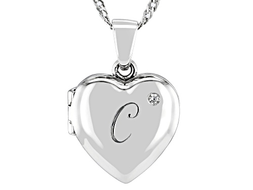 Pre-Owned 0.02ctw White Zircon Rhodium Over Silver "C" Initial Children's Heart Locket Pendant With