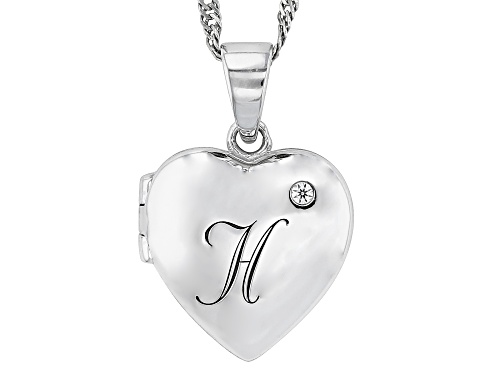 Pre-Owned 0.02ctw White Zircon Rhodium Over Silver "H" Initial Children's Heart Locket Pendant With