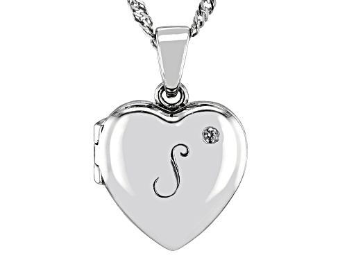 Pre-Owned 0.02ctw White Zircon Rhodium Over Silver "S" Initial Children's Heart Locket Pendant With