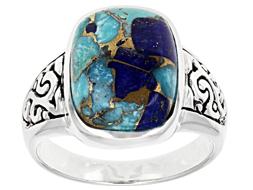 Pre-Owned 16x12mm Blended Composite Turquoise & Lapis Lazuli Rhodium Over Sterling Silver Men's Ring - Size 10