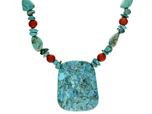 Pre-Owned Southwest Style by JTV™ Multi-Shape Turquoise with Coral Rhodium Over Sterling Silver Neck - Size 18
