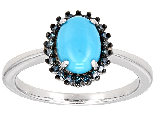 Pre-Owned 8x6mm Oval Cabochon Sleeping Beauty Turquoise With .13ctw Blue Diamond Rhodium Over Silver - Size 9