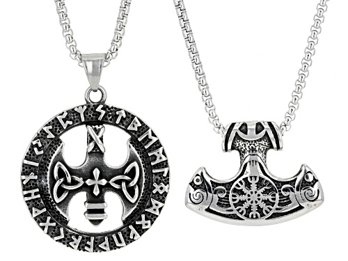 Pre-Owned Artisan Collection of Ireland™ Stainless Steel Thors Hammer& Celtic Rune Set of Pendants W