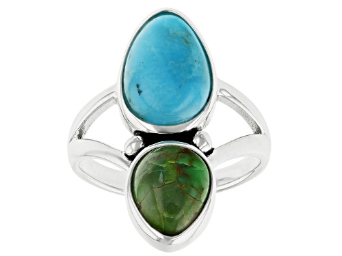 Pre-Owned Southwest Style by JTV™ Blue & Green Turquoise 2-Stone Sterling Silver Ring - Size 9