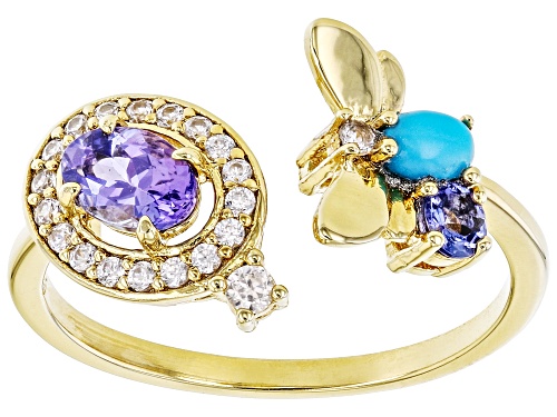 Pre-Owned 0.72ctw Tanzanite, White Zircon & 4x3mm Sleeping Beauty Turquoise 18k Yellow Gold Over Sil - Size 8