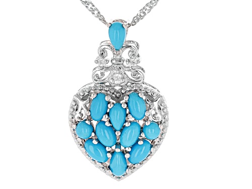 Pre-Owned 5x3mm Sleeping Beauty Turquoise & 0.05ctw  White Zircon Rhodium Over Silver Heart Pendan