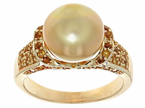 Pre-Owned 11mm Golden Cultured South Sea Pearl and Citrine 18k Yellow Gold Over Sterling Silver Ring - Size 12