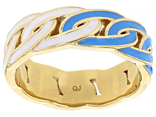 Pre-Owned Pacific Style™ White & Teal Enamel 18k Yellow Gold Over Brass Chainlink Band Ring - Size 6