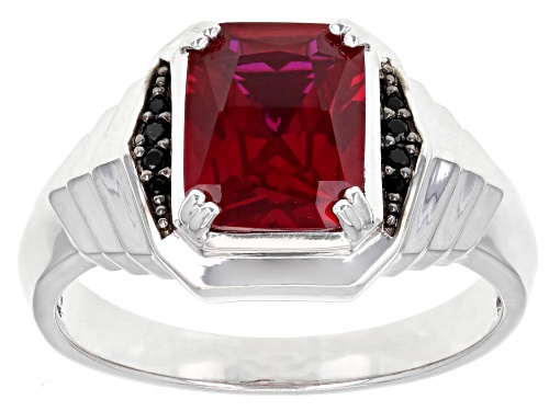 Pre-Owned 3.40ct Rectangular Octagonal Lab Ruby With 0.06ctw Black Spinel Rhodium Over Silver Men's - Size 11