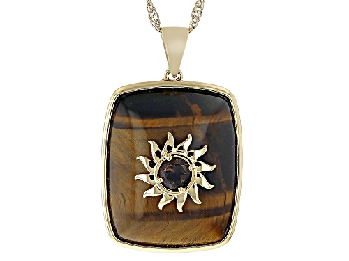 Pre-Owned Global Destinations™ Tigers Eye & 0.39ctw Smoky Quartz 18k Yellow Gold Over Brass Sun Pend
