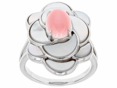 Pre-Owned Pacific Style™ Pink Conch Shell and White Mother-of-Pearl Rhodium Over Sterling Silver Rin - Size 11