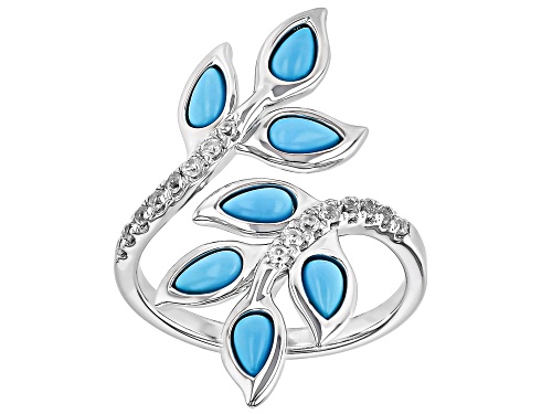 Pre-Owned Pear Shape Cabochon Sleeping Beauty Turquoise With White .39ctw Rhodium Over Silver Bypass - Size 6